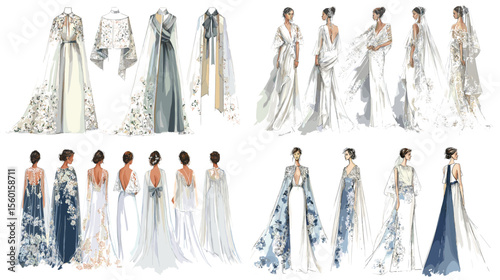 Elegant watercolor fashion illustration of traditional and modern Asian-inspired gowns with floral embroidery and soft flowing fabrics, front and back views included.

