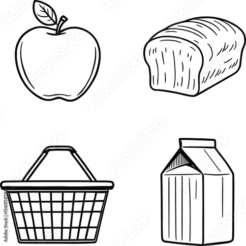Black-and-White Vector Illustration of Essential Grocery & Pantry Icons – 4-Element Mini Set