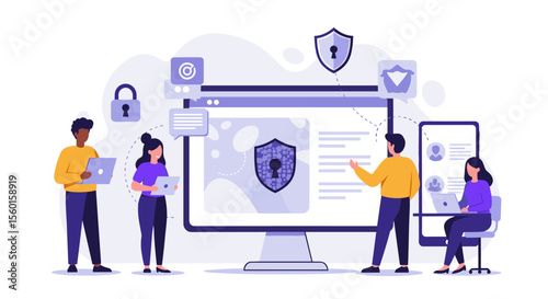 Cybersecurity teamwork concept vector illustration for digital protection and data security