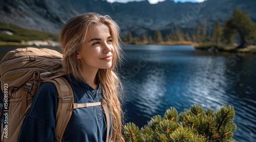 Young woman hiker with backpack enjoys peaceful mountain lake view, surrounded by pine trees and clear blue water, feeling adventurous