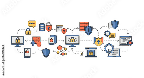Cybersecurity network flow vector illustration for data protection and security design