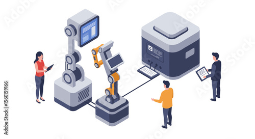 Isometric vector illustration of robotics in technology and automation for innovative design