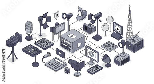 Broadcasting and media technology vector illustration in isometric style for digital and print design