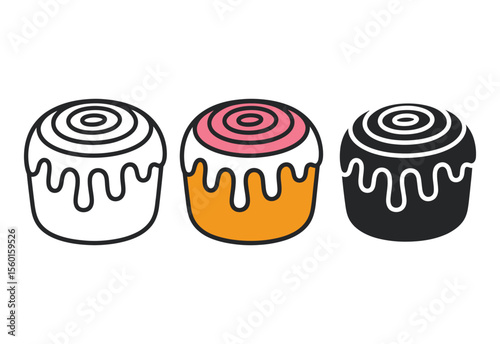 Three stylized cinnamon rolls with icing and dripping glaze in different colors