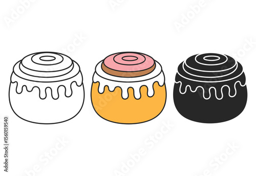 Three stylized cinnamon rolls with frosting and drizzles in black and white and color