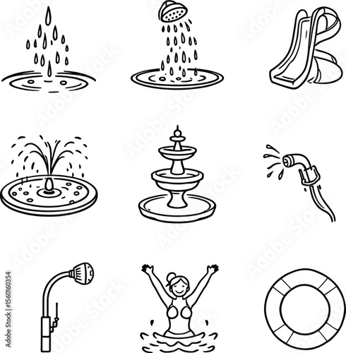 Black-and-White Vector Illustration of Water Use & Aquatic Fun – 9-Icon Set Featuring Utility & Recreation