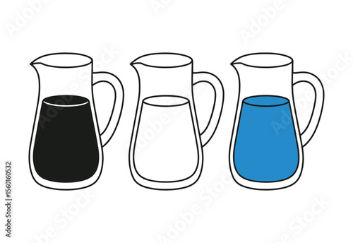 Three pitchers with different colored liquids black white and blue