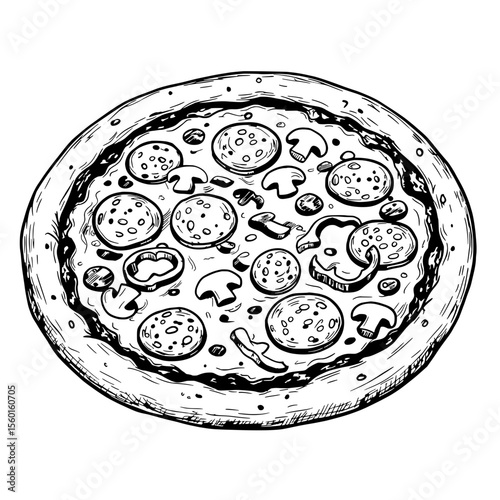 Artisan Pizza Sketch: A hand-drawn, top-down view of a classic pizza, meticulously sketched to showcase its crust, toppings, and culinary charm.