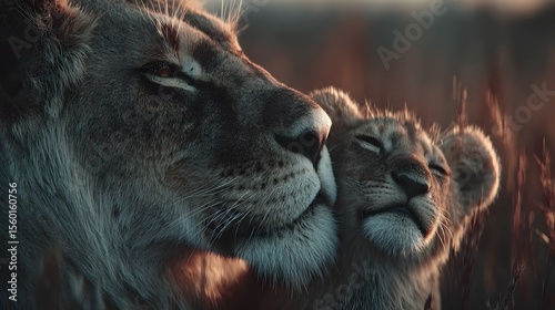 A lioness lovingly nuzzles her adorable cub in the warm golden light of the African savanna at sunset.