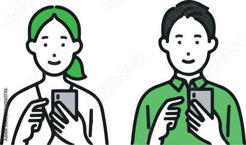 Men and women looking at mobile phones casual clothes	
