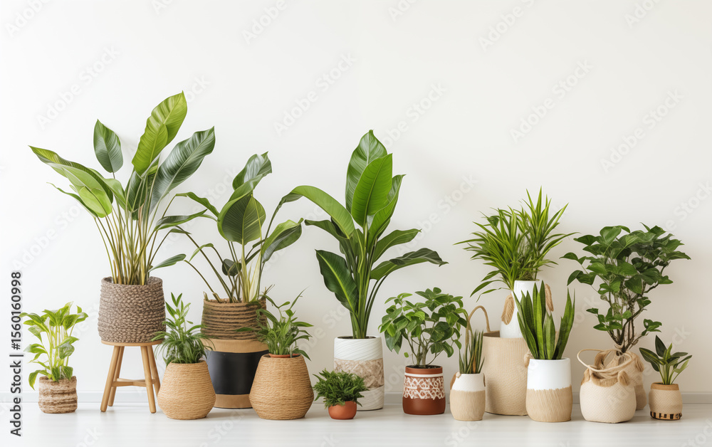 Fototapeta premium Many potted houseplants are arranged against a white wall