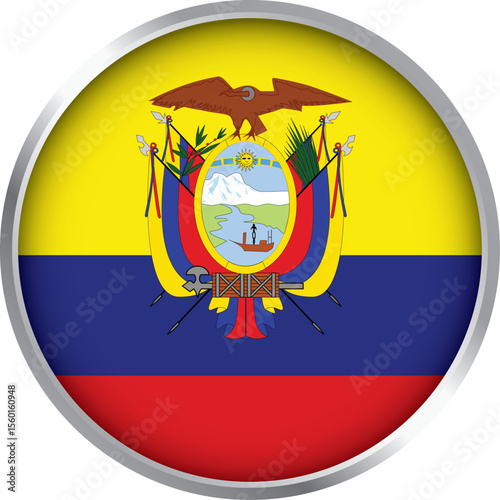 Round icon of Ecuador flag with national coat of arms on yellow, blue, and red stripes, vector emblem

