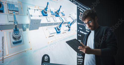 Indian Robotics Specialist Programs a Group of Robotic Arms with the Help of a Tablet Computer. Specialist Creates and Programs the Assembly Line Online, Optimizing Production and Improving Efficiency