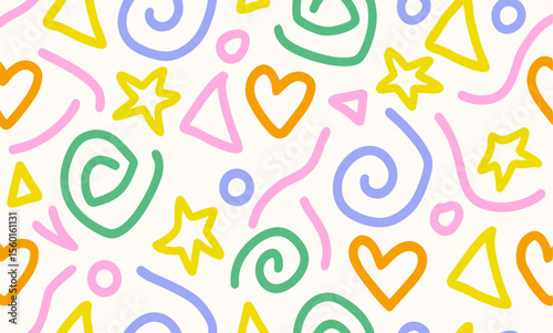 Modern Geometric Shapes Set in Retro 80s 90s Memphis Style  Star, Arrow, Triangle, Circle, Heart, Zigzag, Spiral, and Wavy Lines. Cool abstract background in retro 80s, 90s style. Cute kid doodle.