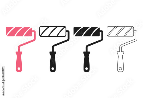 Set of four paint rollers in different styles and colors for renovation and design