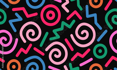 Vibrant 80s-Inspired Geometric Pattern. fun and energetic design featuring a repeating pattern of bold geometric shapes in bright, colorful lines on a black background.