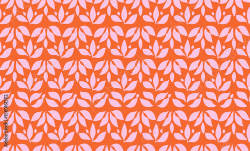 Vibrant Orange and Pink Leaf Pattern Design. A repeating pattern of stylized leaves in a light pink hue against a bold orange background.