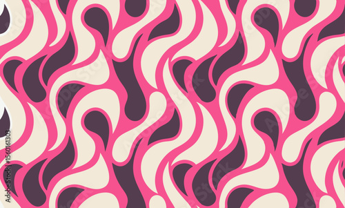 Vibrant Abstract Pattern in Pink and Purple for Design Inspiration. A repeating, abstract pattern featuring flowing, organic shapes in shades of pink and purple, set against a cream/beige backdrop.