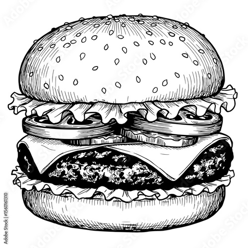 Delectable Hand-drawn Burger: A black and white detailed illustration of a burger, showcasing fresh ingredients between soft sesame buns.