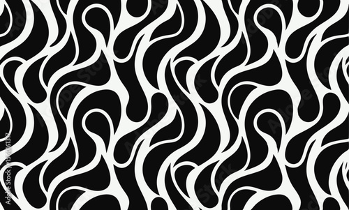 Abstract Black and White Seamless Pattern with Flowing Shapes. This striking black and white seamless pattern features flowing, organic shapes that create a dynamic and visually engaging design.