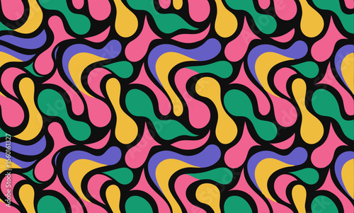 Vibrant Abstract Pattern with Fluid Shapes. A captivating, repeating pattern featuring flowing, organic shapes in a vibrant palette of pinks, greens, yellows, and purples.
