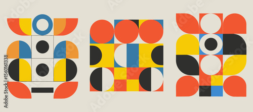 Vibrant Geometric Pattern Design for Modern Prints. A striking collection of geometric shapes, featuring circles, squares, and ovals in a vibrant color palette of reds, oranges, yellows, blues