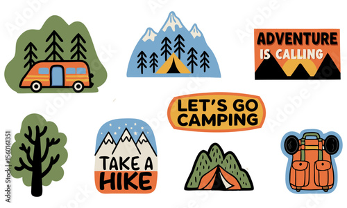 Cute Camping and Hiking Stickers Set for Outdoor Enthusiasts. A collection of whimsical, hand-drawn stickers featuring camping and hiking themes.