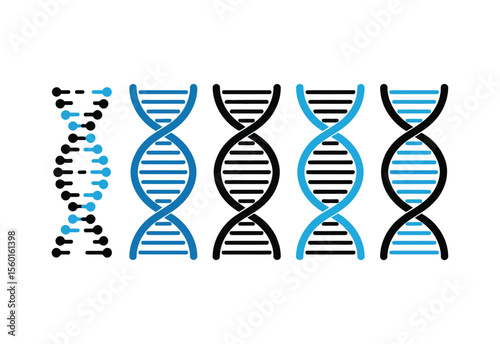 Multiple stylized dna double helix strands in black and blue on white background