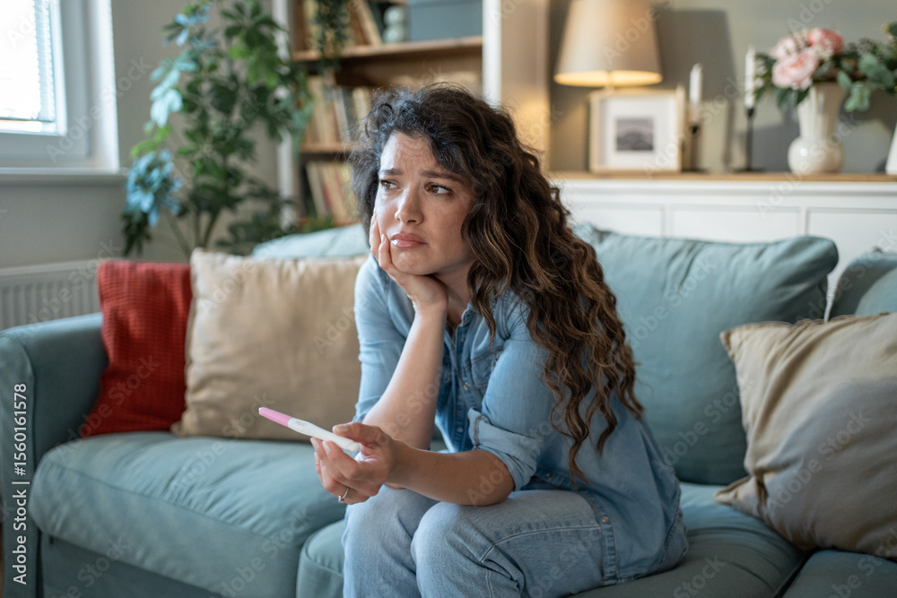 Sad woman holding pregnancy test sitting on sofa at home Sad woman holding pregnancy test sitting on sofa at home