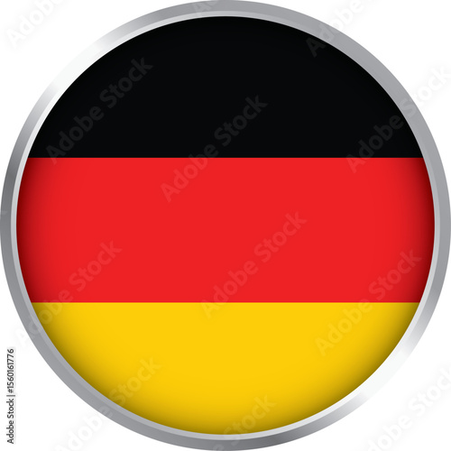 Round icon of Germany flag with horizontal black, red, and gold stripes, vector national badge symbol

