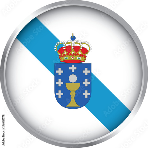 Round icon of Galicia flag with blue diagonal stripe and coat of arms featuring chalice and crown, vector

