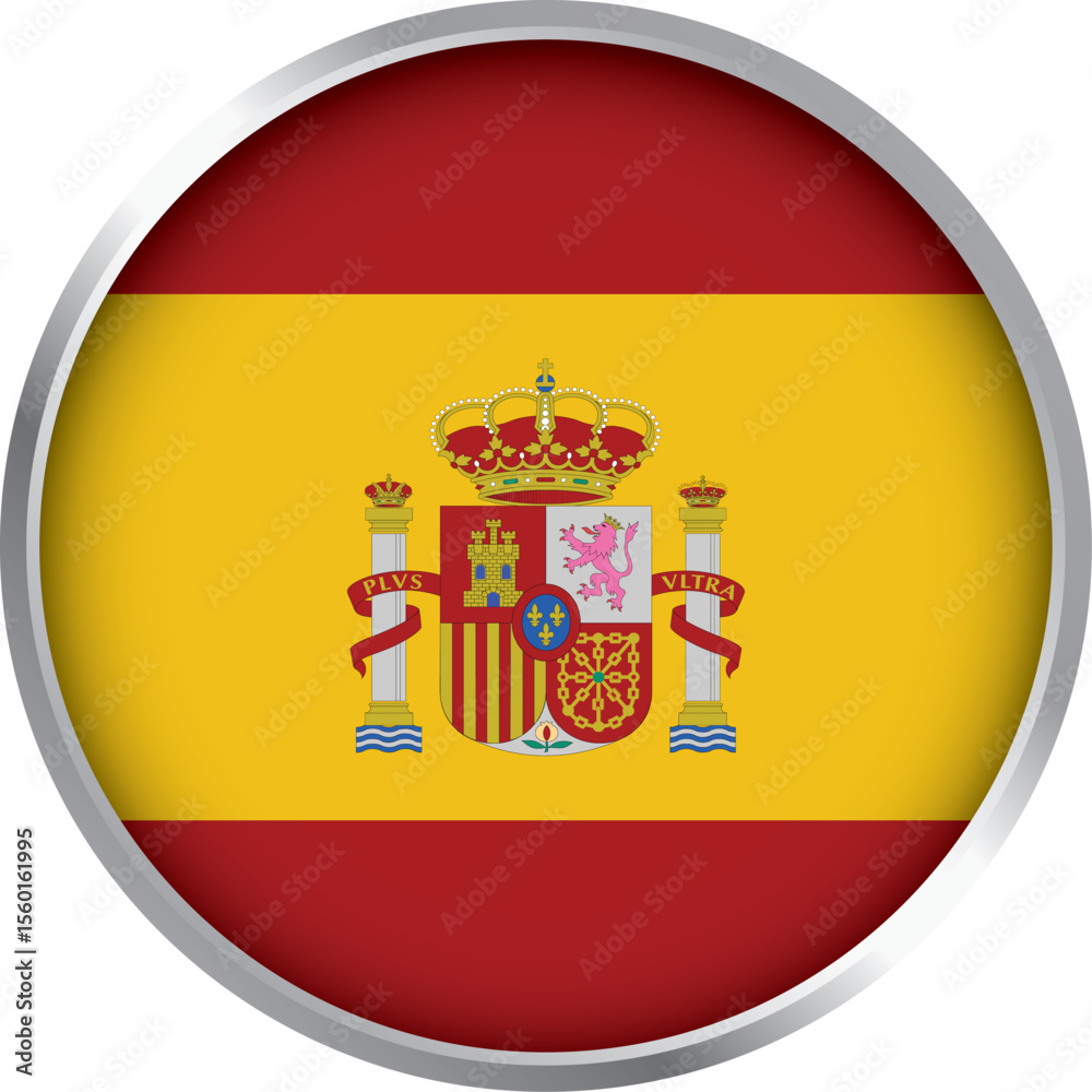 Obraz premium Round icon of Spain flag with red and yellow stripes and national coat of arms, vector country emblem