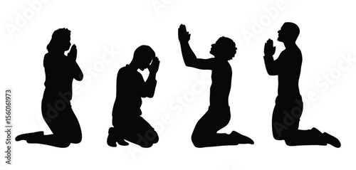 Kneeling People Praying Silhouette Set