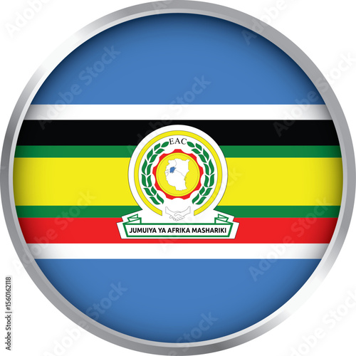 Round icon of East African Community flag with multicolor stripes and EAC emblem, regional vector symbol

