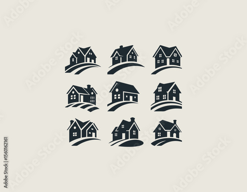 Collection of diverse black house silhouettes gracefully situated on gentle curved landscapes. Real estate concept