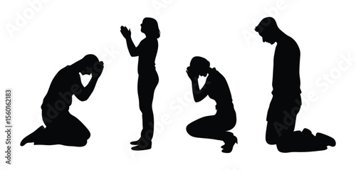 Diverse People Praying and Bowing Silhouette