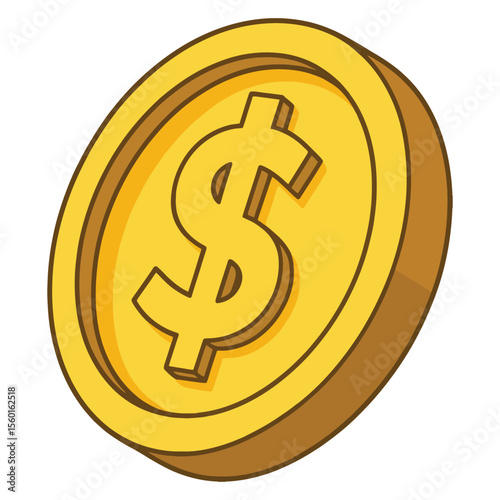 Cartoon Gold Dollar Coin Vector – Flat Design Currency Icon for Finance, Investment, Banking Apps, Cryptocurrency, Digital Wallets, and Economic Illustrations