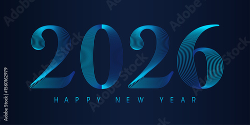 Happy New Year 2026 modern text vector luxury design blue color line on dark background. Happy new year banner. 3d Hand drawn, handwritten numbers.