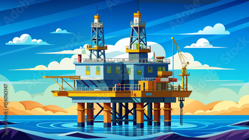 An industrial offshore drilling rig stands firmly in the heart of the sea, surrounded by endless blue waters. A powerful symbol of human innovation, energy exploration, and marine engineering excellen
