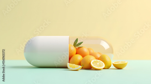 Transparent Capsule Filled with Oranges and Lemons – Creative 3D Vitamin and Fruit Supplement Concept on Pastel Background for Holistic Wellness and Immunity Boost