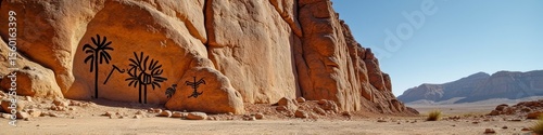 Ancient petroglyphs on rock formation in desert landscape under clear blue sky