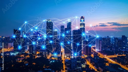 Wallpaper Mural Futuristic city skyline with glowing network connections overlaying skyscrapers Torontodigital.ca