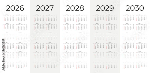 Simple editable vertical vector calendar set for years 2026 to 2030 perfect for planning scheduling organizing personal and business use.