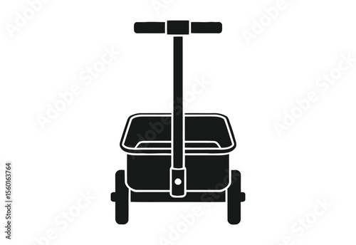 Black silhouette of a garden cart with a handle and wheels on a white background