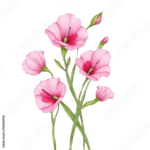 Delicate Pink Flowers with Green Stems and Leaves Isolated on White Background Botanical Illustration