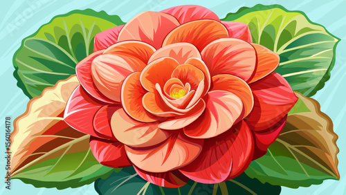 Cartoon illustration of a blooming begonia with layered red, pink, and orange petals surrounded by vibrant green and variegated leaves