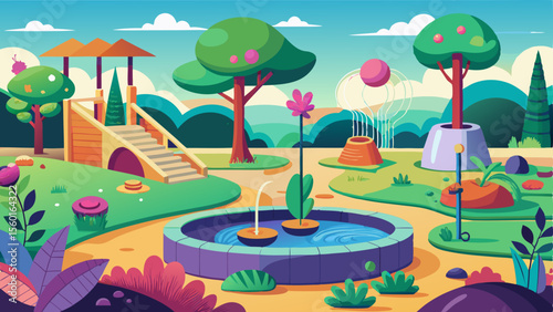 Colorful illustration of a sensory garden with water features, flowers, playful structures, and interactive nature elements in a bright outdoor space