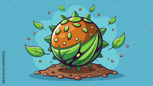 Cartoon illustration of a seed bomb with spiky green leaves, scattered seeds, and earthy textures against a bright blue background