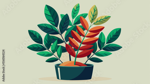 Cartoon illustration of a vibrant indoor plant with red, green, and yellow leaves in a dark pot on a light background