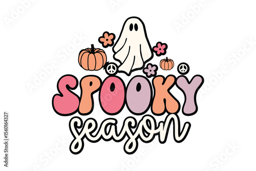 Spooky Season Ghost with Pumpkins and Flowers - Cute Halloween Art T Shirt Design